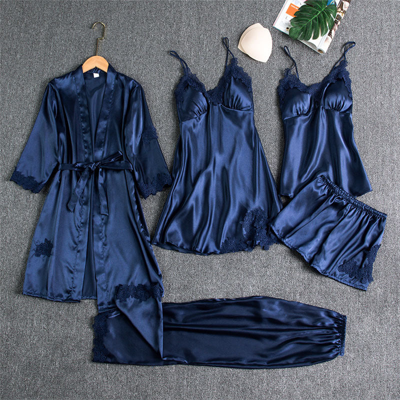 Damen Nachtwäsche Set – Elegantes 5-teiliges Loungewear Ensemble mit Spitzen-Details