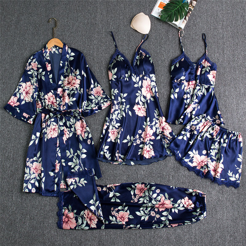 Damen Nachtwäsche Set – Elegantes 5-teiliges Loungewear Ensemble mit Spitzen-Details