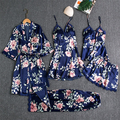 Damen Nachtwäsche Set – Elegantes 5-teiliges Loungewear Ensemble mit Spitzen-Details