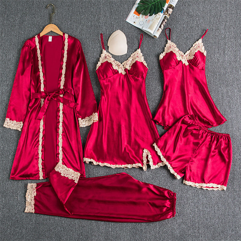 Damen Nachtwäsche Set – Elegantes 5-teiliges Loungewear Ensemble mit Spitzen-Details