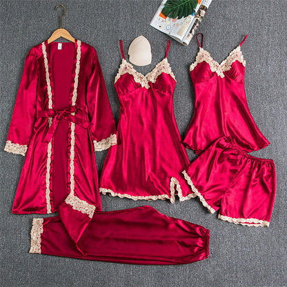 Damen Nachtwäsche Set – Elegantes 5-teiliges Loungewear Ensemble mit Spitzen-Details
