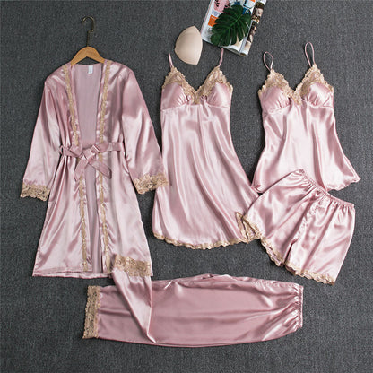 Damen Nachtwäsche Set – Elegantes 5-teiliges Loungewear Ensemble mit Spitzen-Details