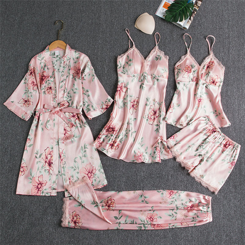 Damen Nachtwäsche Set – Elegantes 5-teiliges Loungewear Ensemble mit Spitzen-Details