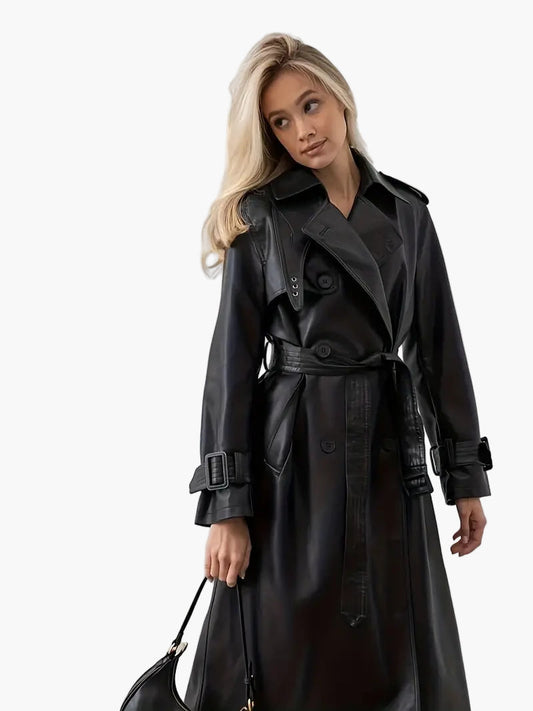 Damen Trenchcoat – Eleganter Leder-Look, Lang, Doppelreihig, Mit Taillengürtel, Stilvoll Für Herbst & Winter