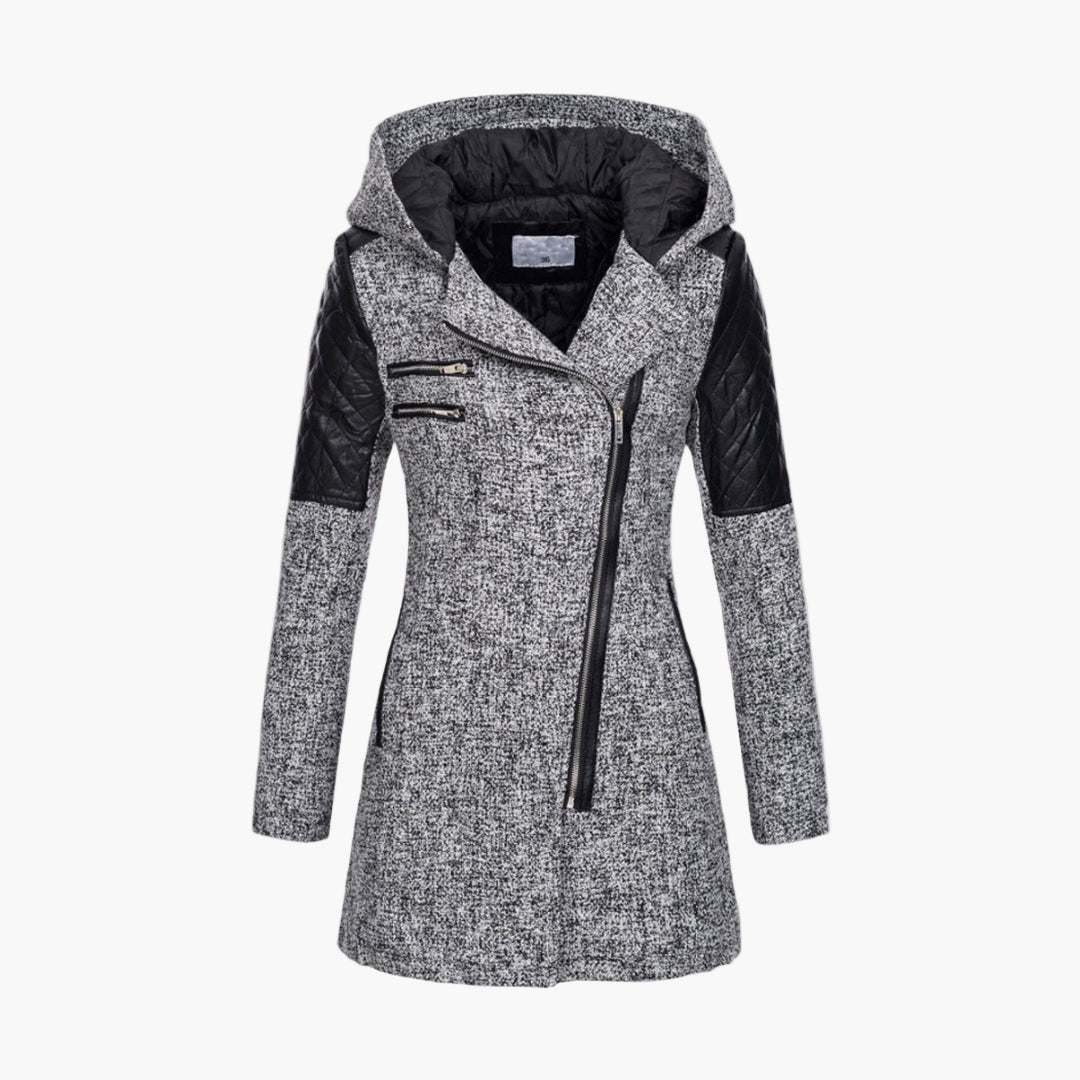 Damen Tweed Mantel mit Kapuze und Kunstleder-Details – Moderner Wintermantel für elegante Outfits