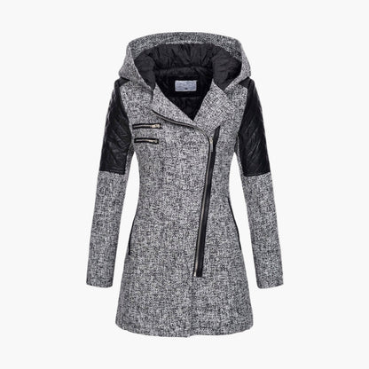 Damen Tweed Mantel mit Kapuze und Kunstleder-Details – Moderner Wintermantel für elegante Outfits