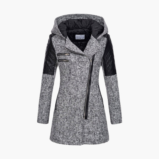Damen Tweed Mantel mit Kapuze und Kunstleder-Details – Moderner Wintermantel für elegante Outfits