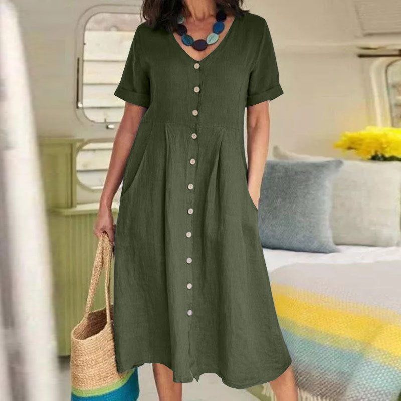 Louise – Lockeres Kleid aus Baumwolle und Leinen mit hohem Bund