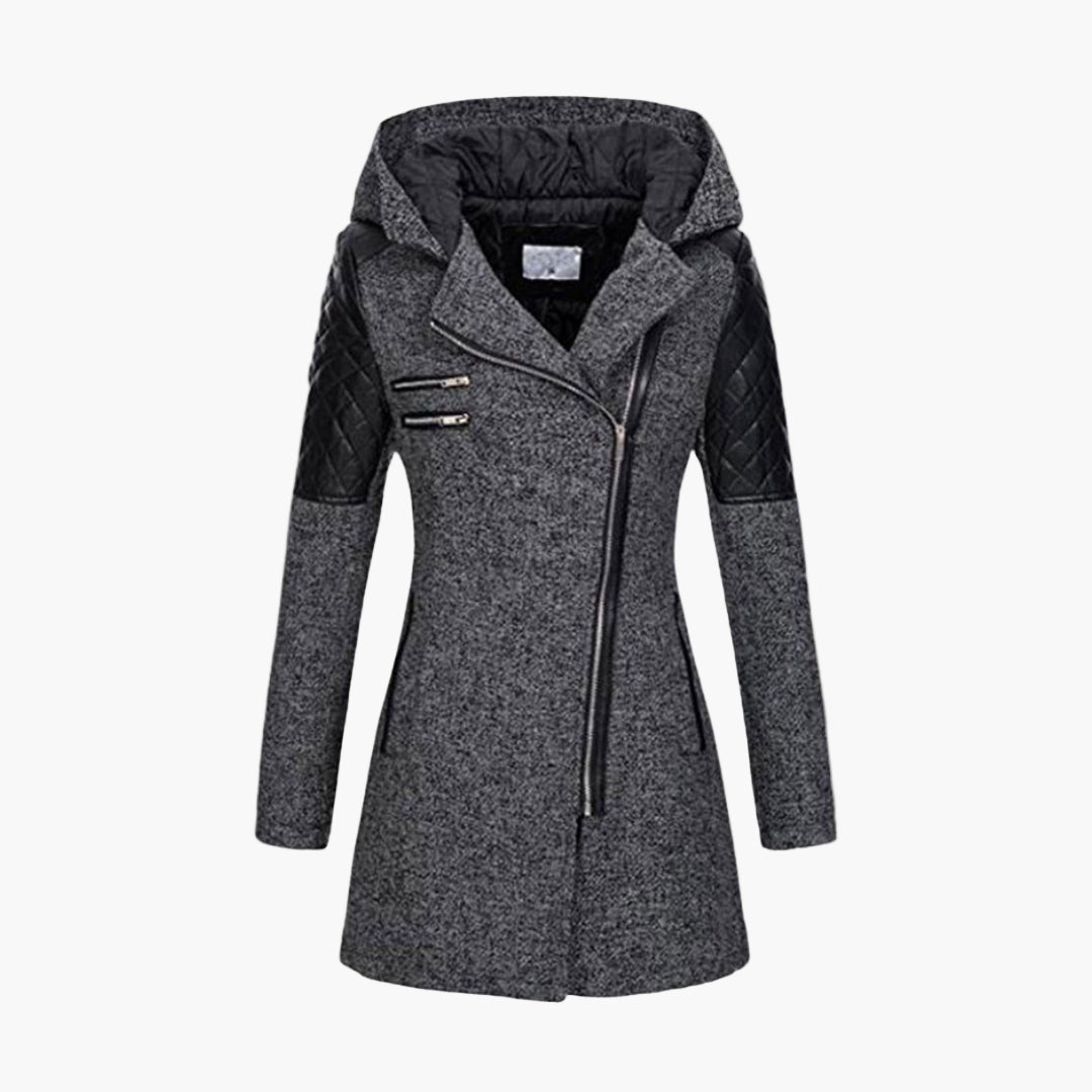 Damen Tweed Mantel mit Kapuze und Kunstleder-Details – Moderner Wintermantel für elegante Outfits