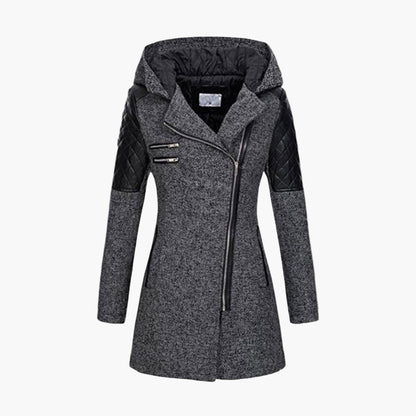 Damen Tweed Mantel mit Kapuze und Kunstleder-Details – Moderner Wintermantel für elegante Outfits