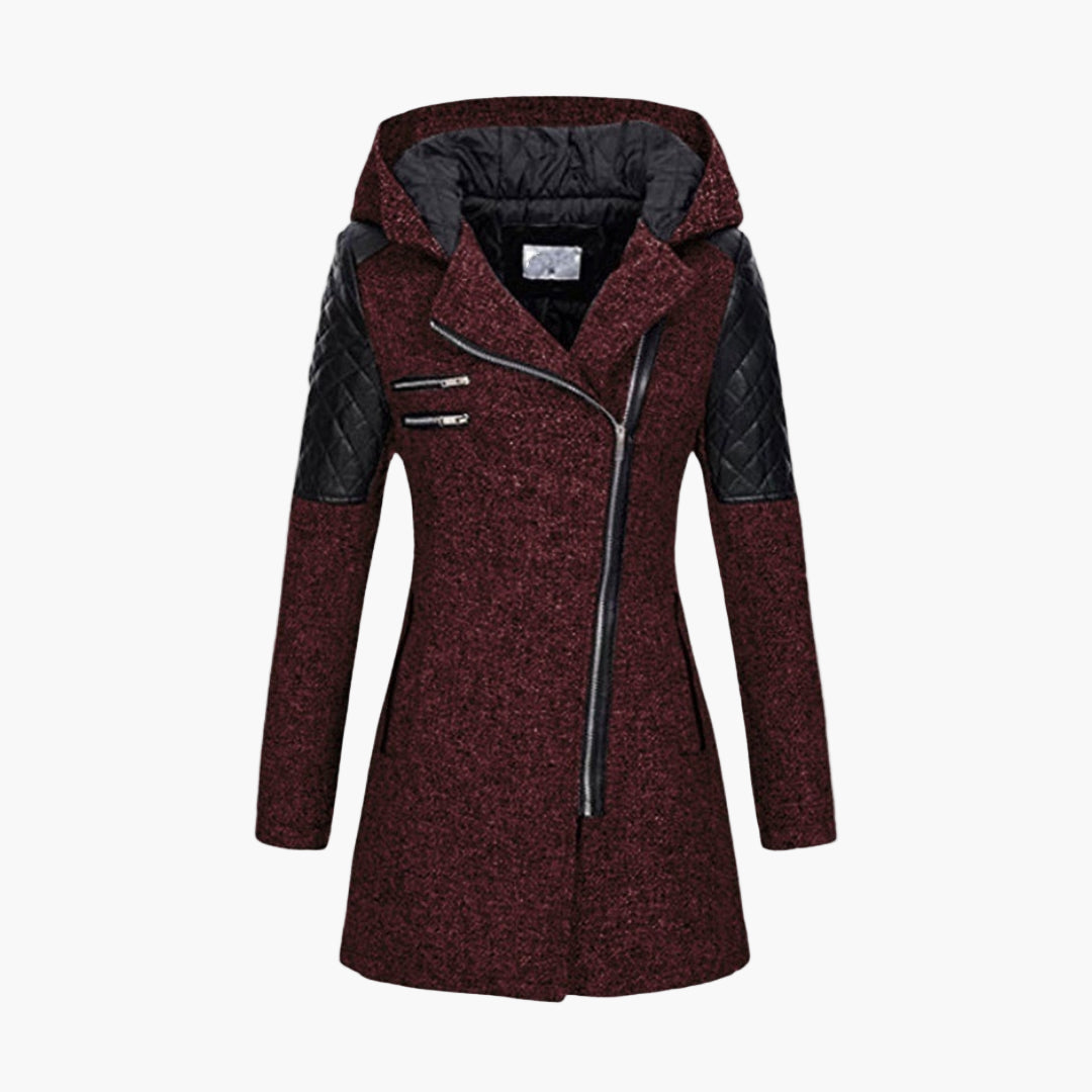 Damen Tweed Mantel mit Kapuze und Kunstleder-Details – Moderner Wintermantel für elegante Outfits