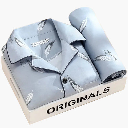 Herren Schlafanzug Set – Klassisches Design mit Weizenmuster, Langarm, Bequeme Nachtwäsche
