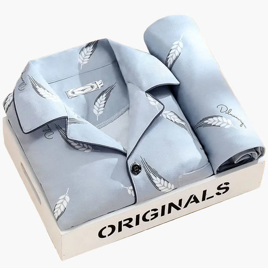 Herren Schlafanzug Set – Klassisches Design mit Weizenmuster, Langarm, Bequeme Nachtwäsche