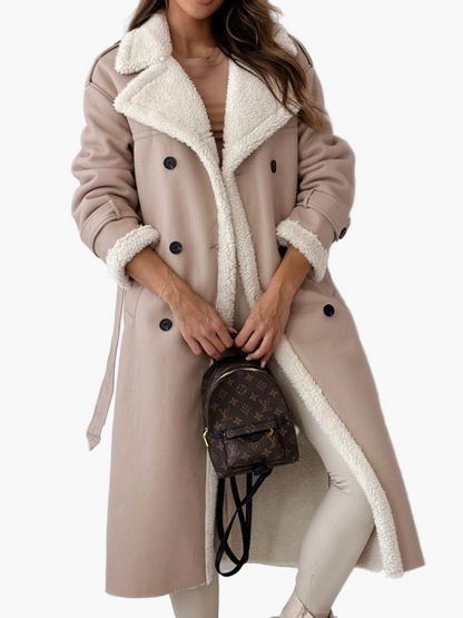 Damen Langer Wintermantel mit Teddyfell-Kragen – Eleganter Trenchcoat für Herbst & Winter