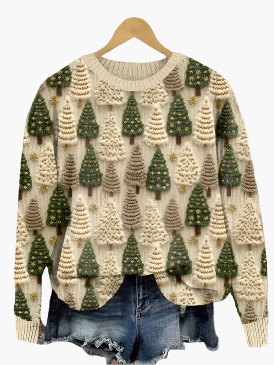 Damen Weihnachtspullover mit 3D-Tannenbaum-Muster – Festlicher Strickpullover im Winter-Design