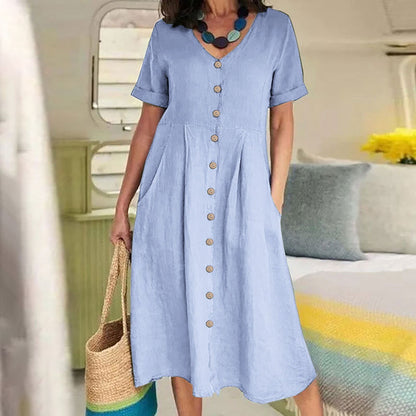 Louise – Lockeres Kleid aus Baumwolle und Leinen mit hohem Bund