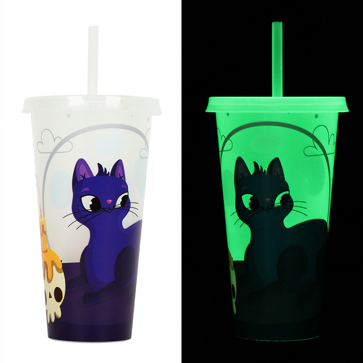 Halloween Becher mit Strohhalm – Leuchtender Partybecher für Halloween-Partys & Gruselige Dekoration