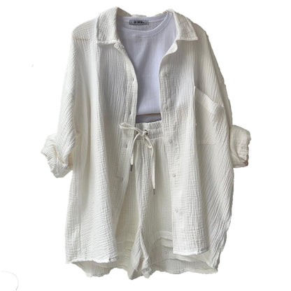 Damen 3-teiliges Freizeit-Set mit Hemd, Crop-Top und Shorts – Perfekt für entspannte Sommertage
