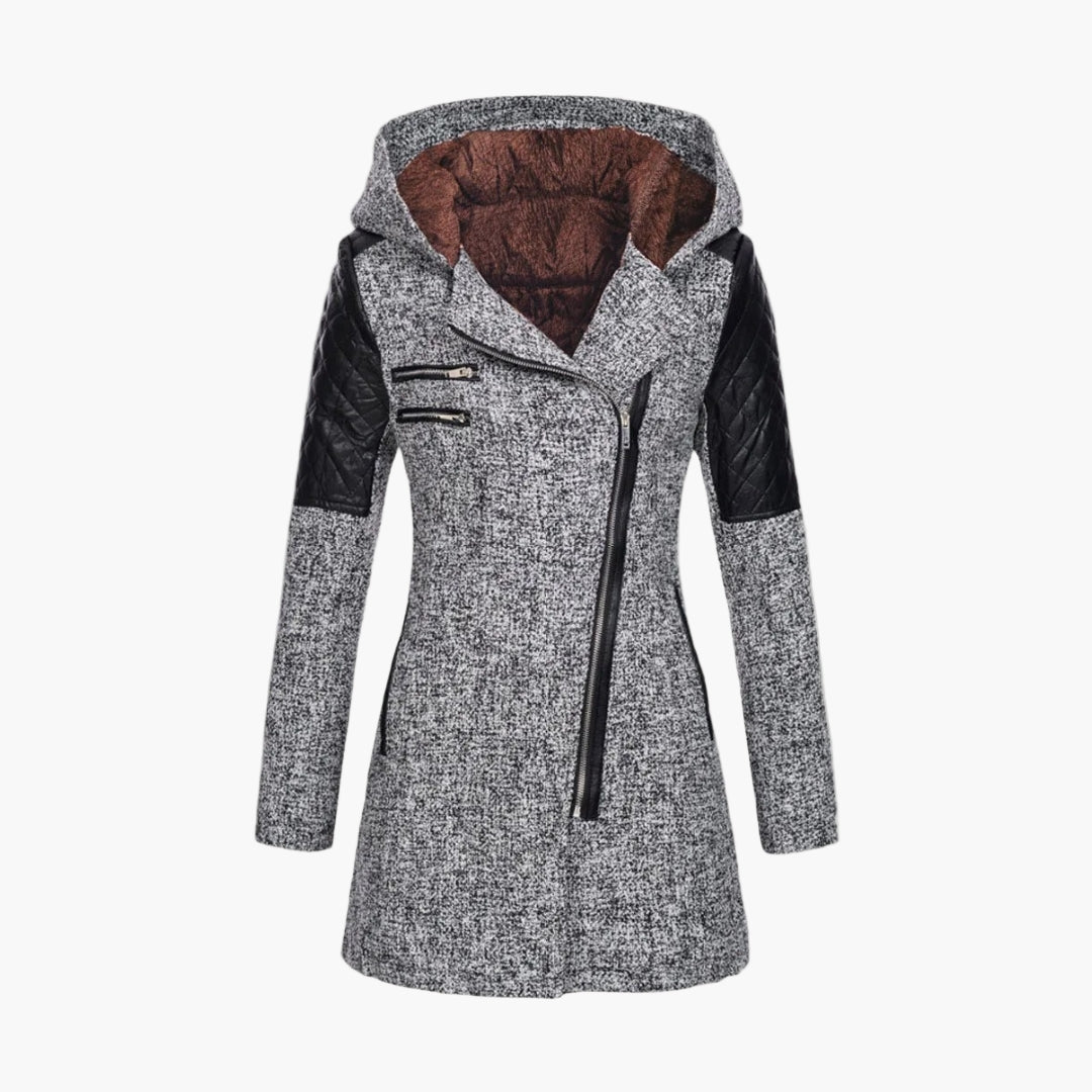 Damen Tweed Mantel mit Kapuze und Kunstleder-Details – Moderner Wintermantel für elegante Outfits