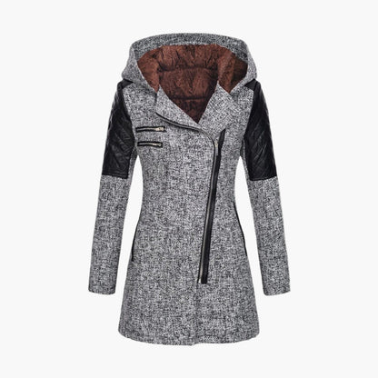 Damen Tweed Mantel mit Kapuze und Kunstleder-Details – Moderner Wintermantel für elegante Outfits