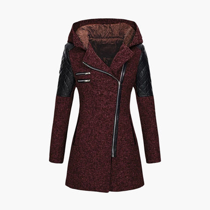 Damen Tweed Mantel mit Kapuze und Kunstleder-Details – Moderner Wintermantel für elegante Outfits