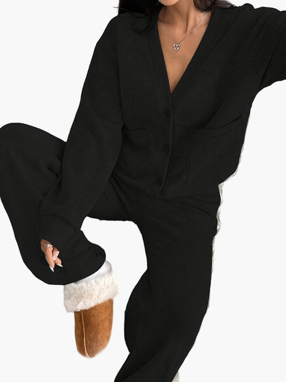 Damen Kuschelige Freizeit Hausanzug Set – Loungewear mit Cardigan und Jogginghose