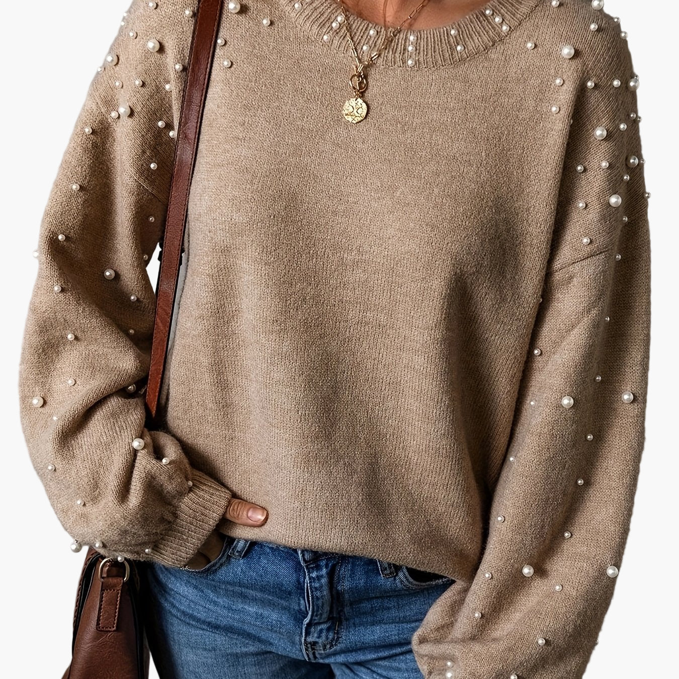 Damen Pullover Elegant Strickpullover mit Perlenbesatz und Rundhalsausschnitt – Modischer Freizeit-Look