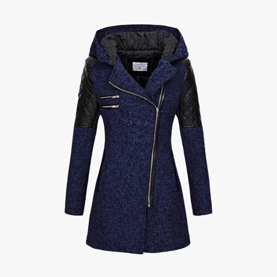 Damen Tweed Mantel mit Kapuze und Kunstleder-Details – Moderner Wintermantel für elegante Outfits