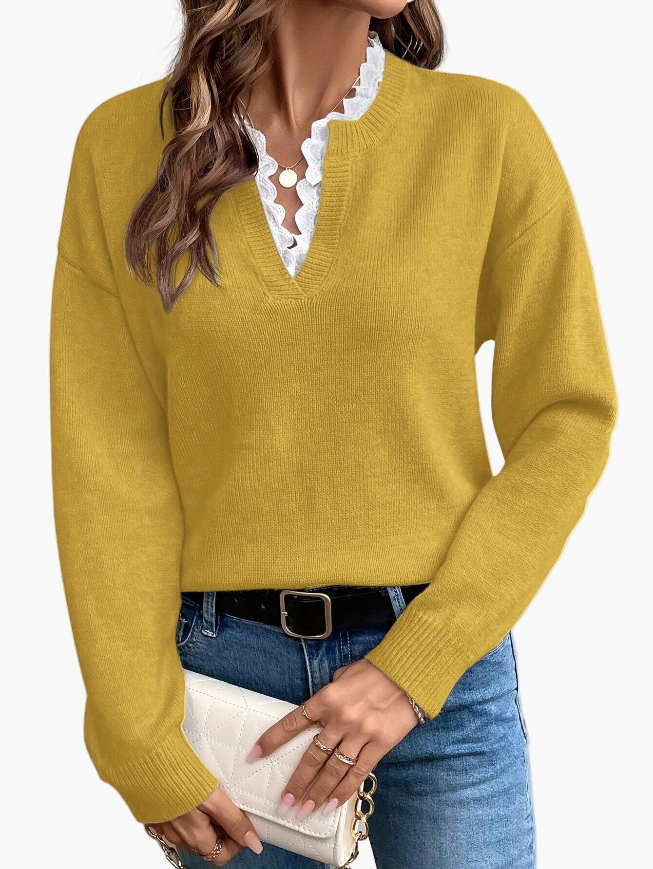 Damen Pullover Elegant mit V-Ausschnitt und Spitzenbesatz – Lockerer Strickpullover für Herbst und Winter