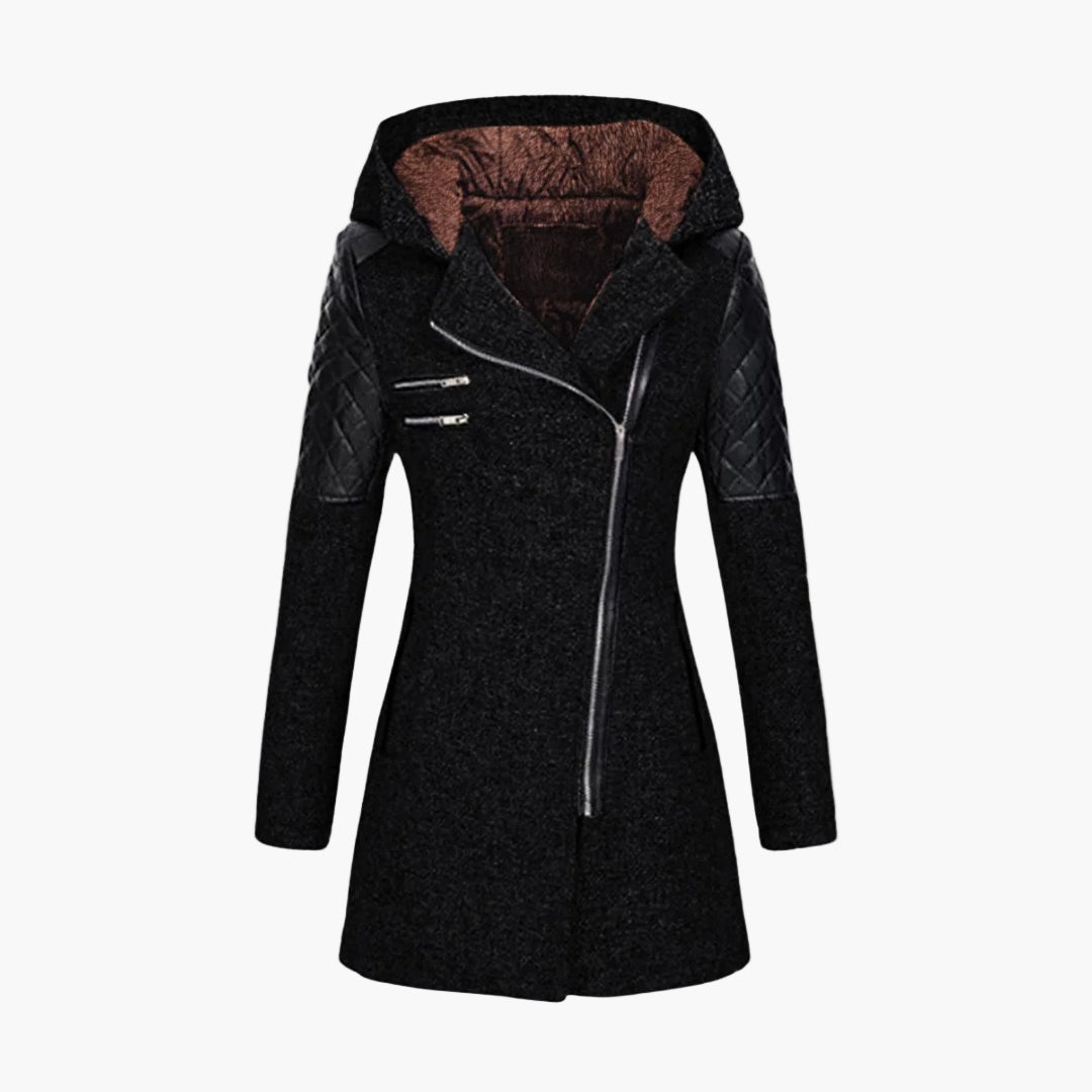 Damen Tweed Mantel mit Kapuze und Kunstleder-Details – Moderner Wintermantel für elegante Outfits