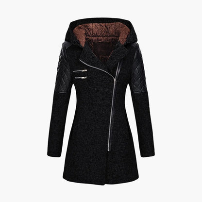 Damen Tweed Mantel mit Kapuze und Kunstleder-Details – Moderner Wintermantel für elegante Outfits