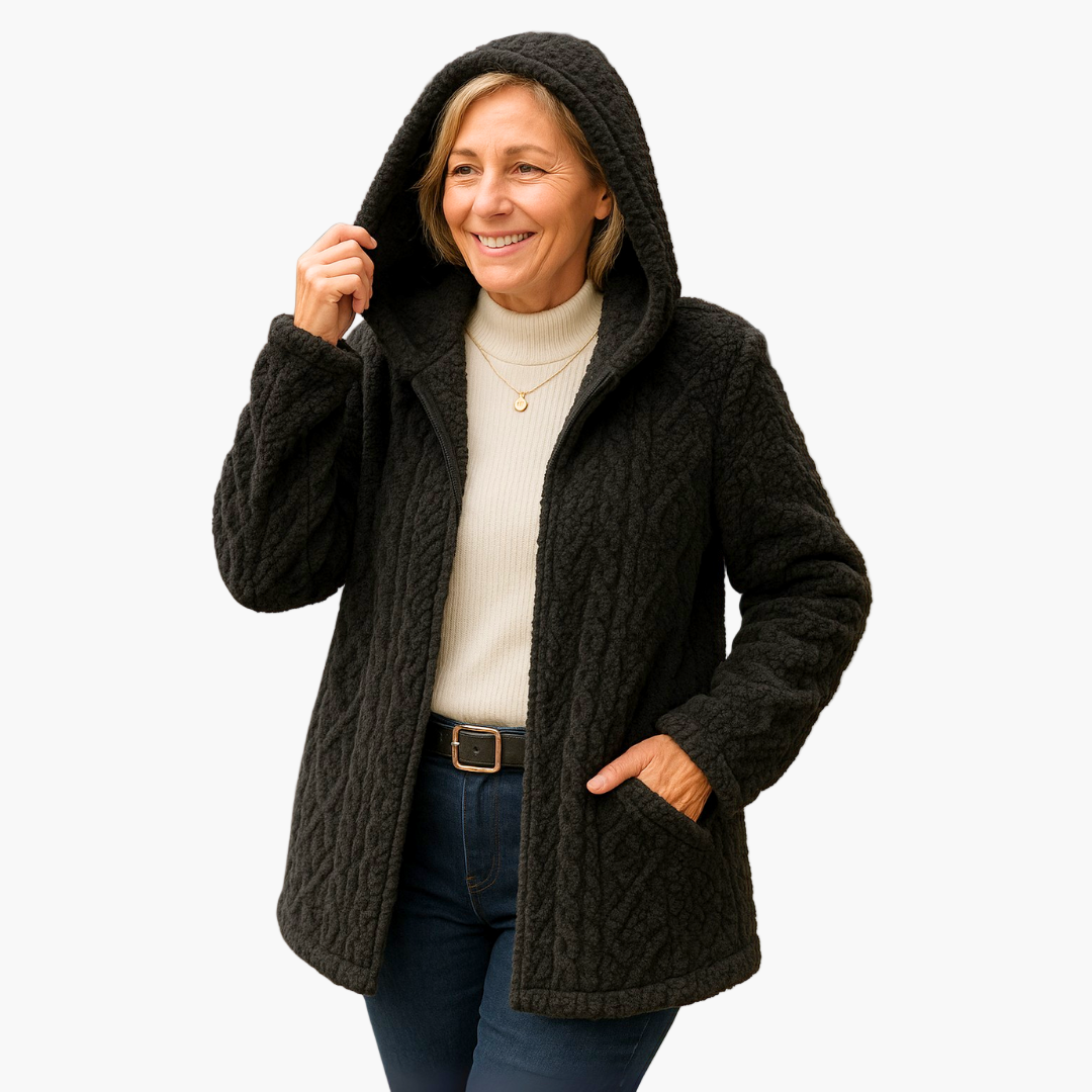 Damen Fleece-Kapuzenjacke im Strick-Look – Bequeme Freizeitjacke für Herbst und Winter