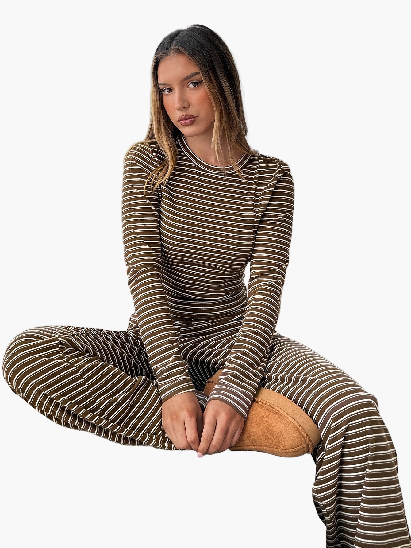 Damen Freizeit Zweiteiler Set – Gestreiftes Langarmshirt und Hose, Bequem & Modisch für Alltag und Lounge