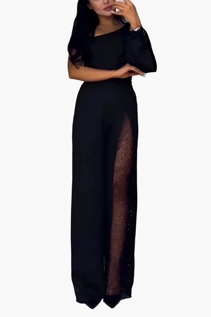Damen Eleganter Einarm-Jumpsuit mit Weitem Bein und Transparenter Akzent-Passe – Perfekt für Abend und Events