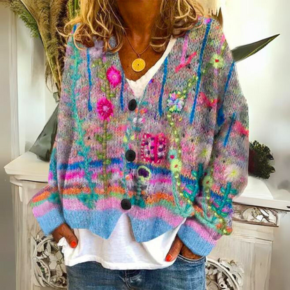 Damen Strickjacke im Boho-Stil – Farbige, lässige Cardigan mit Blumenmuster für Alltag und Freizeit