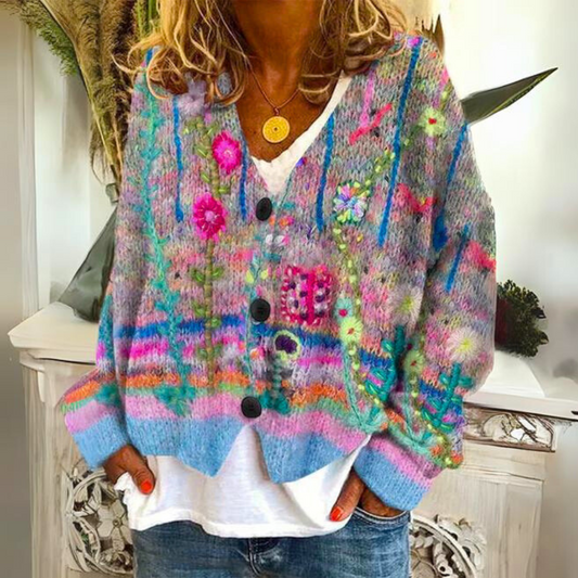 Damen Strickjacke im Boho-Stil – Farbige, lässige Cardigan mit Blumenmuster für Alltag und Freizeit