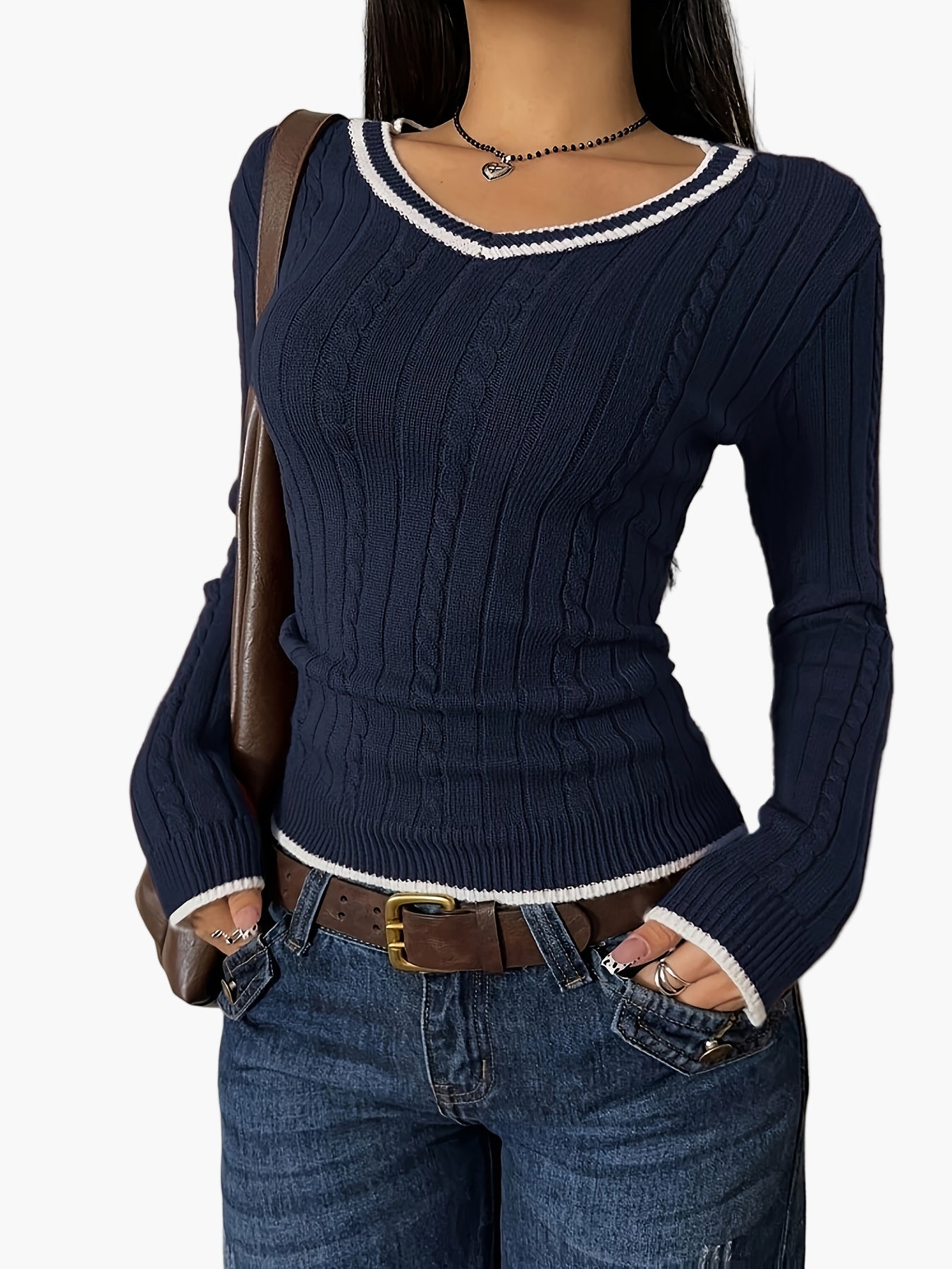 Damen Strickpullover mit V-Ausschnitt und Kontrastkante – Modischer Casual-Look für Alltag und Büro