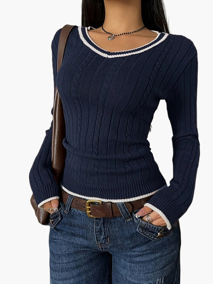 Damen Strickpullover mit V-Ausschnitt und Kontrastkante – Modischer Casual-Look für Alltag und Büro