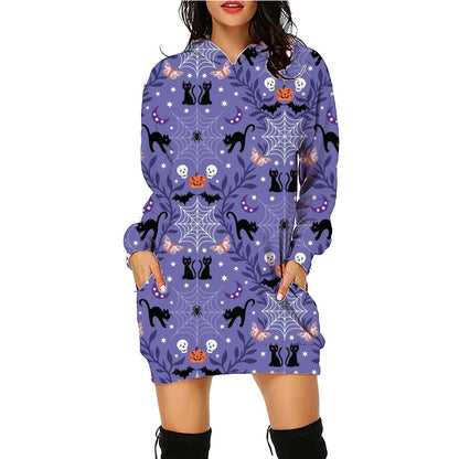 Damen Halloween Hoodie Kleid – Bequemes Freizeitkleid mit lustigen Motiven für Party & Kostüm