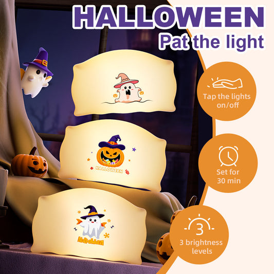 Halloween Nachtlicht für Kinder – Pat the Light – Deko-Lampe mit Geister- und Kürbis-Motiven, 3 Helligkeitsstufen, Timer, Touch-Funktion, ideales Geschenk und Partydeko