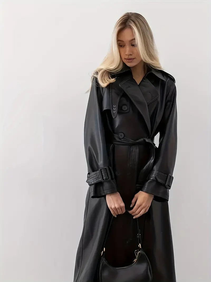 Damen Trenchcoat – Eleganter Leder-Look, Lang, Doppelreihig, Mit Taillengürtel, Stilvoll Für Herbst & Winter