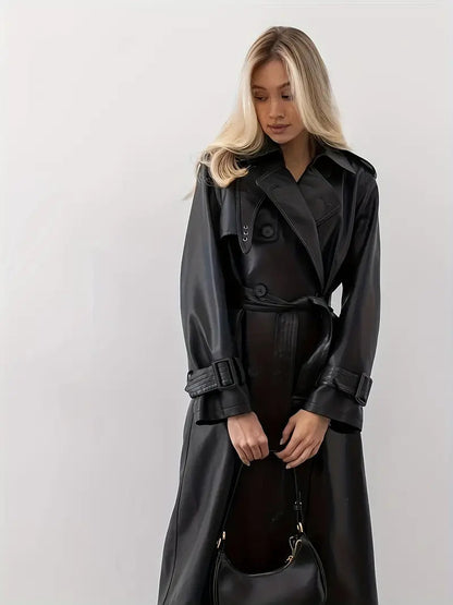 Damen Trenchcoat – Eleganter Leder-Look, Lang, Doppelreihig, Mit Taillengürtel, Stilvoll Für Herbst & Winter