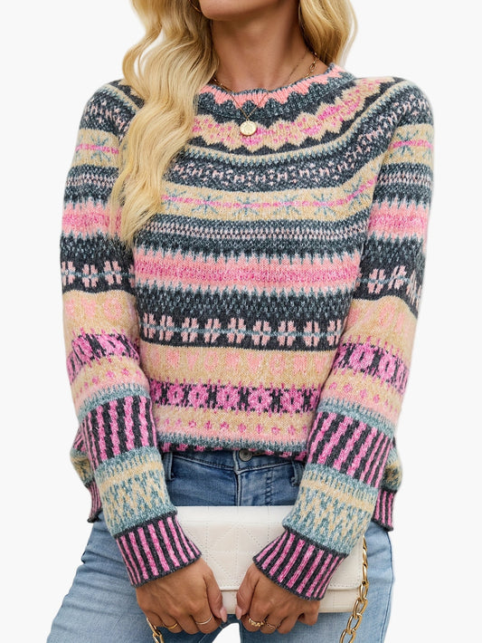Damen Pullover Eleganter Strick Fair Isle Muster Herbst Winter Freizeit