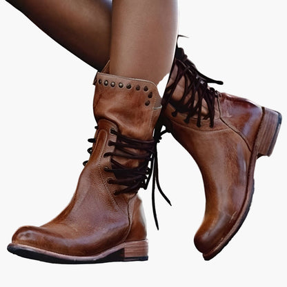 Damen Vintage Leder Stiefeletten mit Schnürung – Robuste Booties für Abenteuer & Freizeit