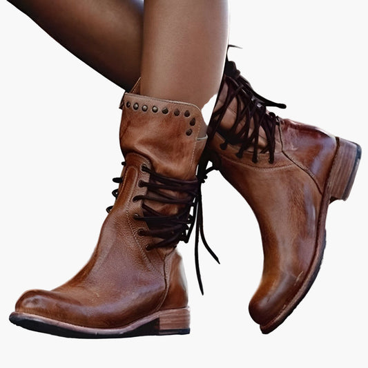 Damen Vintage Leder Stiefeletten mit Schnürung – Robuste Booties für Abenteuer & Freizeit