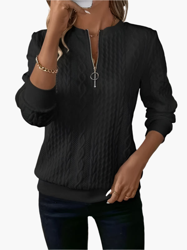 Damen Strickpullover mit Zopfmuster und Reißverschluss – Eleganter Freizeitpulli für Herbst und Winter