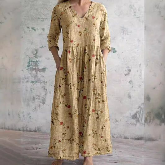 Damen Maxikleid Vintage Stil mit Blumenmuster – Bequemes Freizeitkleid mit Taschen und V-Ausschnitt