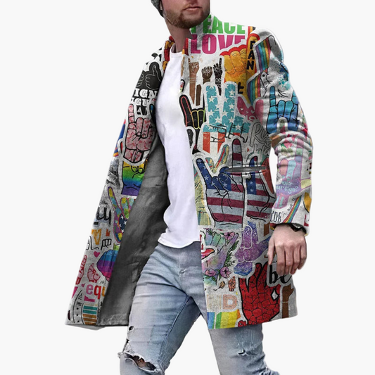 Herren Grafikmantel Modern Streetwear – Langer Mantel mit auffälligem Design für Alltag und Events