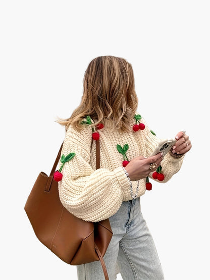 Damen Strickpullover mit Kirsch-Applikationen, lässiger Herbst/Winter Style
