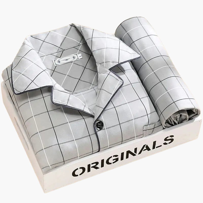 Herren Schlafanzug Set – Klassisches Design mit Weizenmuster, Langarm, Bequeme Nachtwäsche